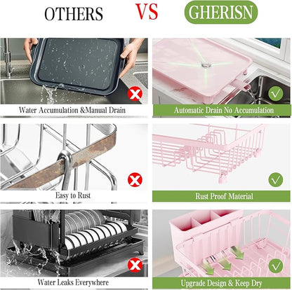 Dish Drainer Rack with Drip Tray, Sink Dish Drainer with Drainage Spout, Stainless Steel Dish Drying Rack with Cups, Utensil & Cutting Board Holders for Kitchen Counter Space-Saving, Pink