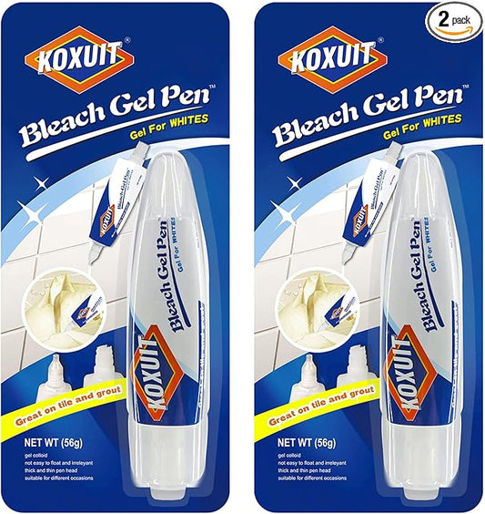 Portable Dual-Tip Bleach Pen for White Clothes & Grout - Travel-Ready 2-in-1 Gel Applicator with Brush Head, Non-Drip Cleaner for Bathroom Lines & On-The-Go Use (Unscented 2 Pack)