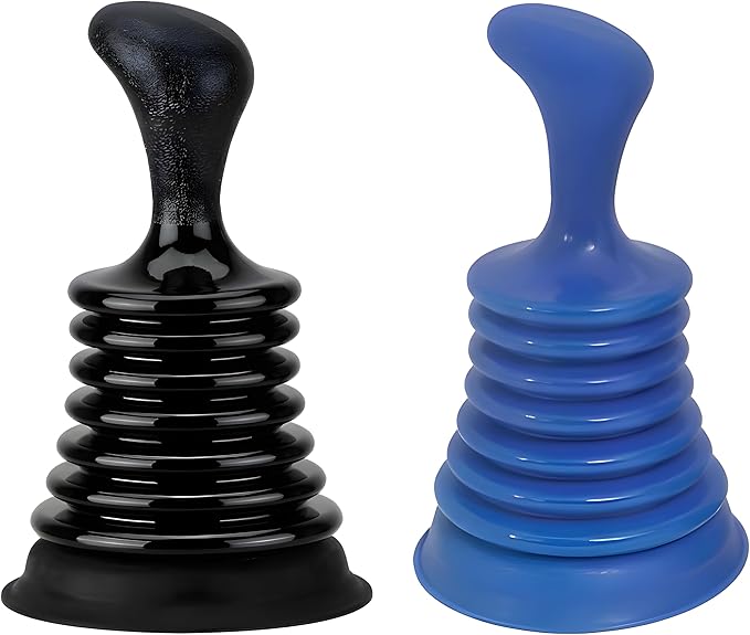 Mini Sink Plunger 2 Pack (Blue & Black), Powerful Bellows Clog Remover, Commercial Style Plumbing Tool for Kitchen & Bathroom Drains, Compact for Sink, Bathtub & Shower
