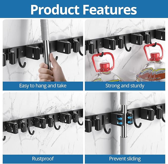 2 Pack Mop and Broom Holder Wall Mount, 5 Racks and 4 Hooks Broom Organizer Storage Garage Tool Racks Wall Mounted Mop Hanger for Home Kitchen Garden Laundry (Black)
