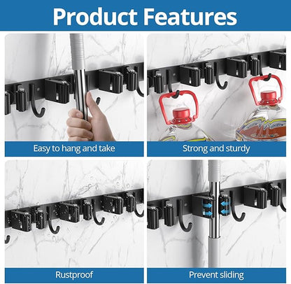 2 Pack Mop and Broom Holder Wall Mount, 5 Racks and 4 Hooks Broom Organizer Storage Garage Tool Racks Wall Mounted Mop Hanger for Home Kitchen Garden Laundry (Black)