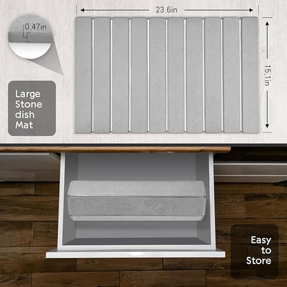 Large Stone Dish Drying Mat for Kitchen Counter, 24"(L)×16"(W), Collapsible Quick Dry Dish Drying Mat, Ultra Absorbent Diatomaceous Earth Mats for Dishes Bottles Cups, Match Any Countertop