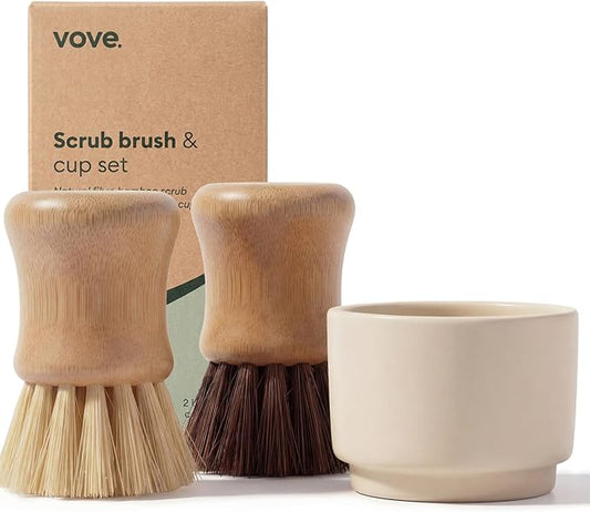 Vove Bamboo Scrub Brush Set with Ceramic Holder, 3 Pack - FSC Certified Bamboo, Plastic-Free Natural Sisal Bristles, Stainless Steel - Kitchen Dish Scrubbing Set with Cup, 1 Hard, 1 Medium