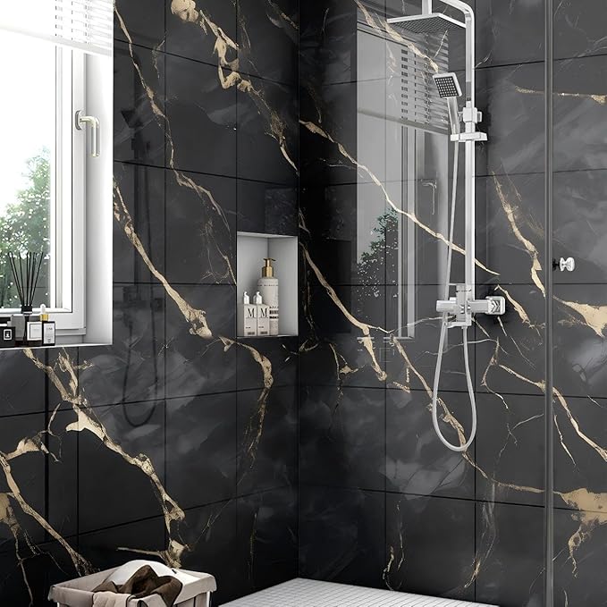 Chejiaye 10pcs Marble Peel and Stick Backsplash Waterproof Washroom Wall Panels, Peel and Stick Tile, PVC Foam Wall Panels for Kitchen,Bathroom,Living Room,Black Gold(Not Real Tile,11.8" x 11.8")