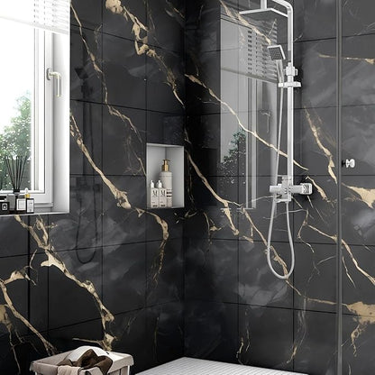 Chejiaye 10pcs Marble Peel and Stick Backsplash Waterproof Washroom Wall Panels, Peel and Stick Tile, PVC Foam Wall Panels for Kitchen,Bathroom,Living Room,Black Gold(Not Real Tile,11.8" x 11.8")