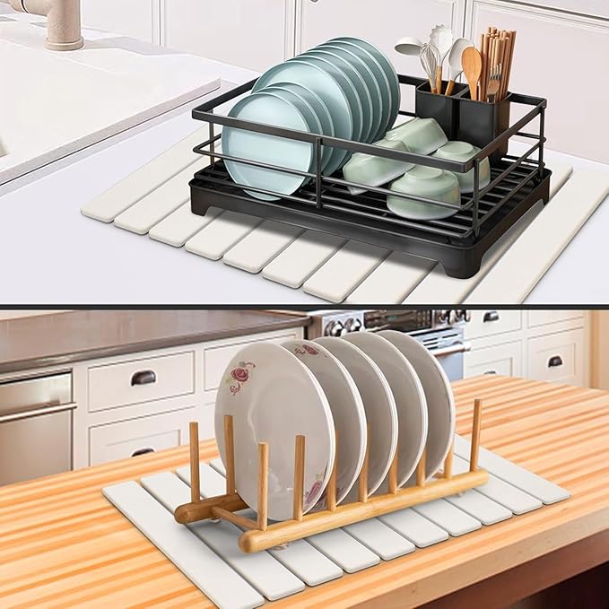 Large Stone Dish Drying Mats for Kitchen Counter, 24"(L)×16"(W), Fast Drying Collapsible Dish Drying Mat, Eco-Friendly Absorbent Diatomaceous Earth Mats for Dishes Bottles Cups, Match Any Countertop