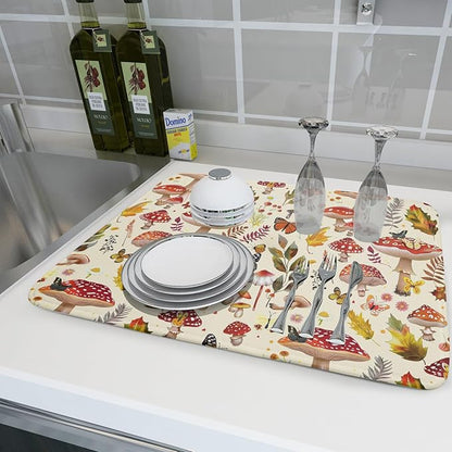 Magic Mushroom Dish Drying Mats Botanical Decorative Absorbent Drying Pad Microfiber Kitchen Sink Rack Mats 18 X 24 Inch