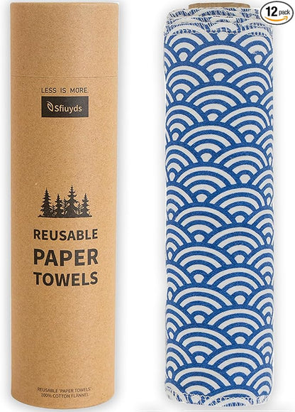 Reusable Paper Towels Washable，Pack of 12 Paperless Napkins Flannel Cotton Cloth 10"X12"with Cardboard Roll，Made to Last - Cut Back and Waste Less Eco Friendly（Wave）