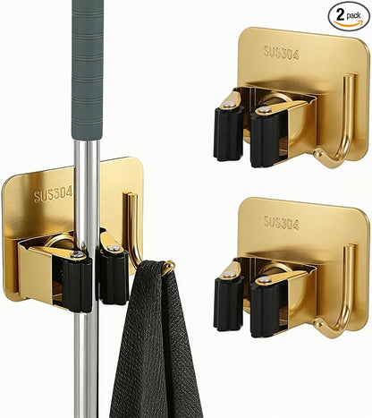 Mop and Broom Organizer Wall Hanging No Drill,Metal Utility Tool Hangers Wall Mountable,Garage Closet Organizer Heavy,Storage Rack Self Adhesive 2Pcs for Bathroom, Kitchen, Office,Laundry.Gold