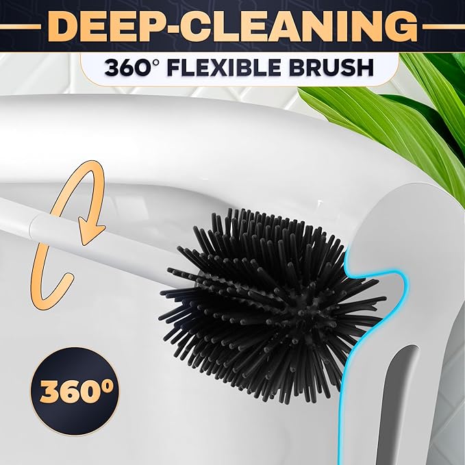 Toilet Brush and Holder Set - Silicone Toilet Bowl Brush with White Holder Base, Compact Bath Accessory for Small Spaces - Easy to Place and Simple to Store After Use, Plastic Bathroom Cleaning Tool