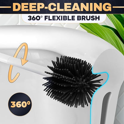 Toilet Brush and Holder Set - Silicone Toilet Bowl Brush with White Holder Base, Compact Bath Accessory for Small Spaces - Easy to Place and Simple to Store After Use, Plastic Bathroom Cleaning Tool