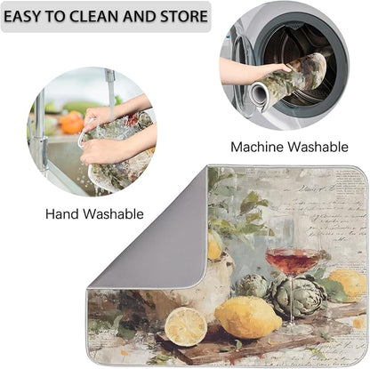 Dish Drying Mats with Hanging Loop for Kitchen Counter - Super Absorbent & Microfiber Sink Dry Mat with Vintage Lemon Paisley Floral, Non-Slip Backing, Dishes, Sink, Countertop Protection 18"x24"