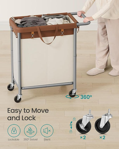 SONGMICS Laundry Basket with Wheels, 2-Section Rolling Laundry Hamper, 37 Gallons (140 L), Removable Liner, Steel Frame with Handle, 27.2 x 15.4 x 31.9 Inches, Coffee Brown and Cream White URLS004KQ02
