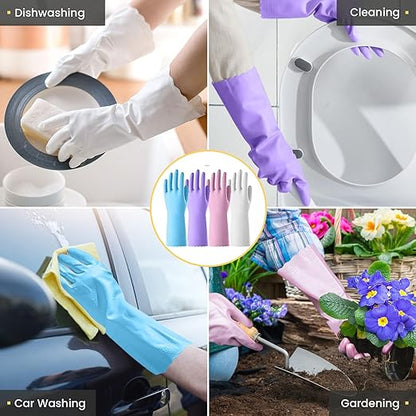 KAQ Rubber Gloves for Dishwashing Cleaning: 4 Pairs Reusable Household Kitchen Dish Washing Glove with Cotton Liner