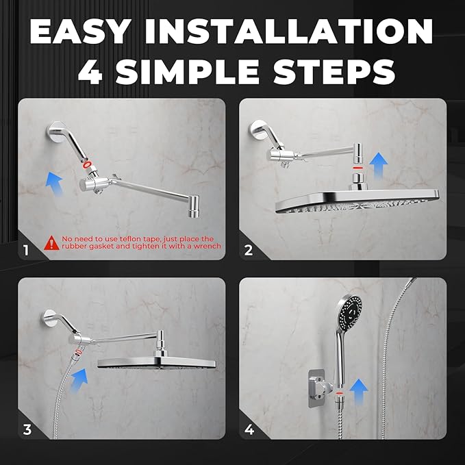 Wide Rain Shower Head With 5 Modes Handheld Showerheads, High Pressure Showerhead Combo with Extension Arm for Bathroom Accessories, Adjustable Shower Head with Anti-Clog Nozzles (Chrome)