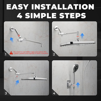 Wide Rain Shower Head With 5 Modes Handheld Showerheads, High Pressure Showerhead Combo with Extension Arm for Bathroom Accessories, Adjustable Shower Head with Anti-Clog Nozzles (Chrome)