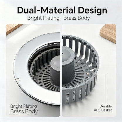 Solid Brass Body 3-in-1 Kitchen Sink Drain Strainer & Stopper, Heavy Duty Pop Up Plug Assembly with 2 Baskets, Anti-Clog Replacement for US Standard 3-1/2 Inch Drains, Rust-Proof Silver