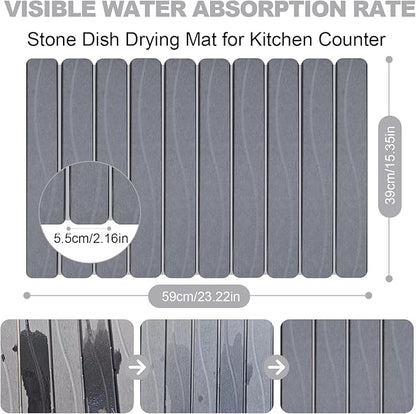 Stone Drying Mat for Kitchen Counter, 24"x16" Large Diatomaceous Earth Stone Dish Drying Mat, Fast Absorbing Foldable Quick Dry Stone Sink Mat for Dishes, Pans & Kitchen Utensils (Gray)