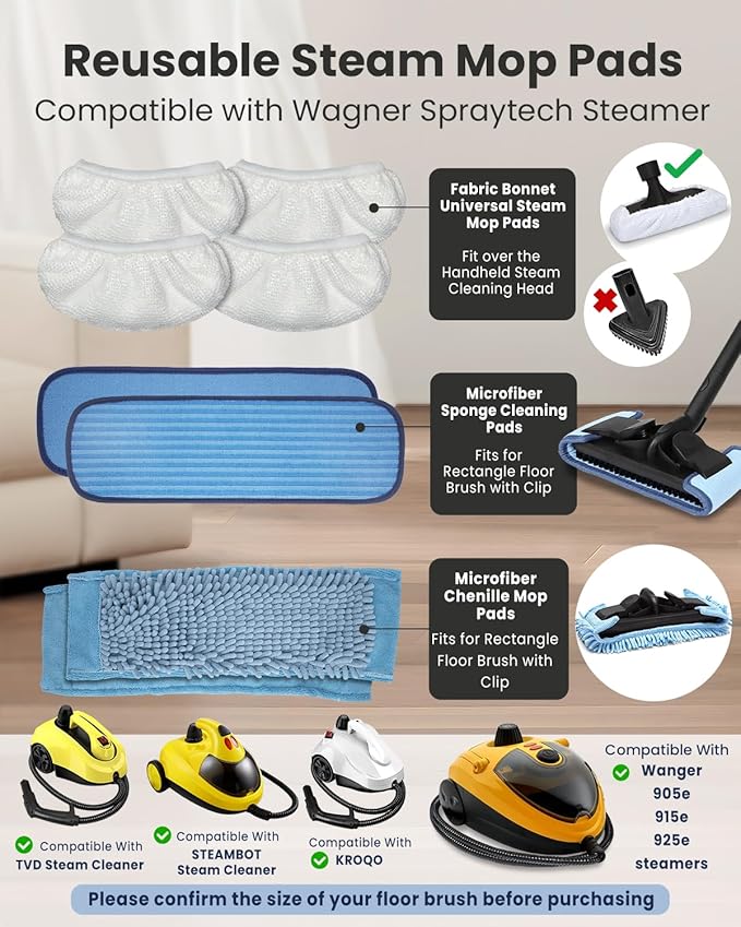 Steam Mop Pads Compatible with Wagner 915e Steam Cleaner for Home, Steam Cleaner Pads Compatilbe with TVD/STEAMBOT and More, Microfiber & Chenille & Fabric Bonnet Steam Pads (2+2+4 Pack)