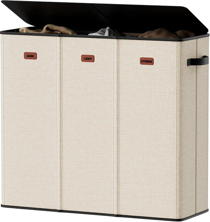 185L Laundry Hamper 3 Section, Laundry Hamper with Lid, Dirty Clothes Hamper with 3 Removable Washing Bags, Extra Large Laundry Basket Organizer for Bedroom, Laundry Room, Dorm - Beige