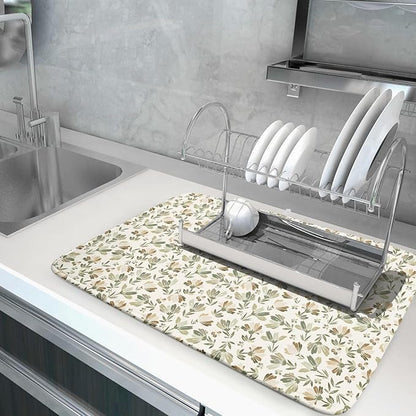 Spring Summer Daisy Floral Leaf Dish Drying Pad 18 x 24 Inch With Absorbent Reversible Microfiber Green Brown Leaves Flowers Drying Mats Dish Drainer Mat Fast Dry For Kitchen Dining Room Decoration