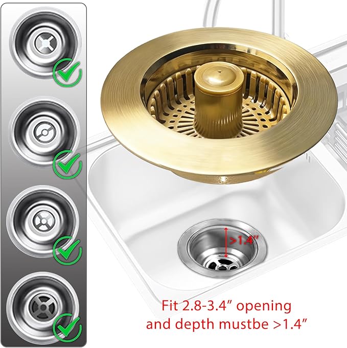 BAOLSLS Kitchen Sink Drain Strainer, 3 in 1 Pop up Kitchen Sink Stopper, with an Extra Basket Strainer, for US Standard 3-1/2 Inch Drain, Copper Material, Brushed Gold