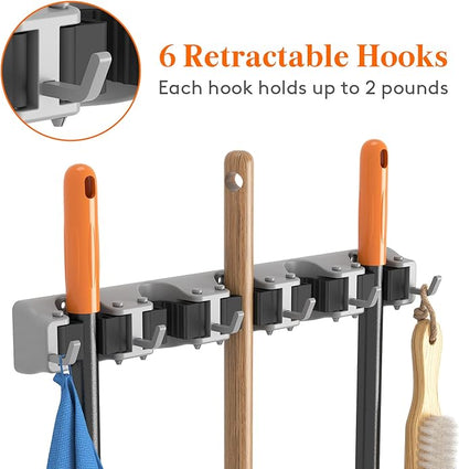 Lifewit Mop and Broom Holder Wall Mount, Anti-Slip Broom Hanger for Cleaning Supplies Organizer, Easy Install Tool Hanging Rack for Closet, Kitchen, Garage, 5 Slot 6 Hooks, Hold 30lbs, Gray, 1 Pack