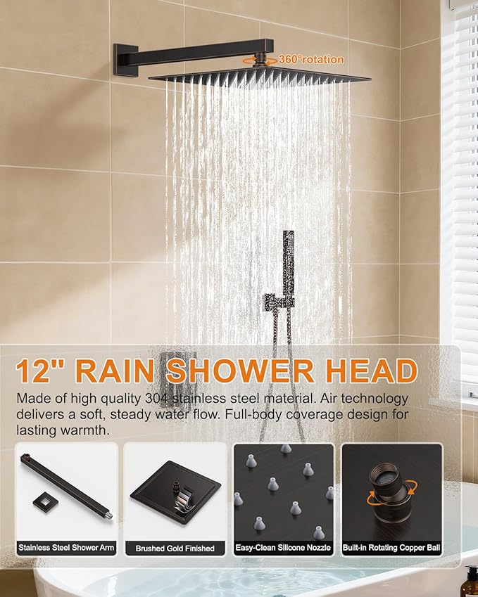 Oil Rubbed Bronze Shower System with Tub Spout, Wall Mounted Bathtub Faucet Set, 12" Rainfall Shower Head and Handheld Shower Combo, High Pressure Shower Fixtures Set with Rough-in Valve