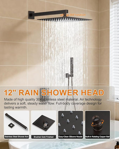 Oil Rubbed Bronze Shower System with Tub Spout, Wall Mounted Bathtub Faucet Set, 12" Rainfall Shower Head and Handheld Shower Combo, High Pressure Shower Fixtures Set with Rough-in Valve
