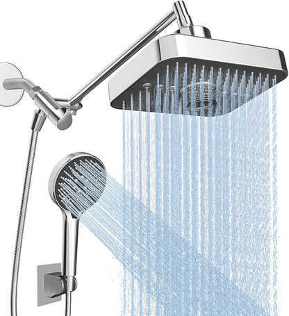 High Pressure Rainfall & Handheld Shower Head Combo, 3-Spray Fixed Showerhead and 6 Sprays Hand Held with 6ft Stainless Steel Hose and Adjustable Extension Arm (Silver black)
