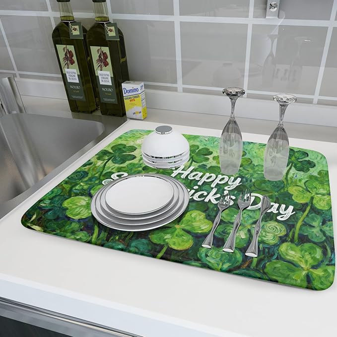 St Patricks Day Lucky Clover Dish Drying Mat for Kitchen Counter 18x24 Green Shamrock Happy Holiday Theme Absorbent Reversible Microfiber Drying Mats Kitchen Countertop Protector Dishes Drainer Pad