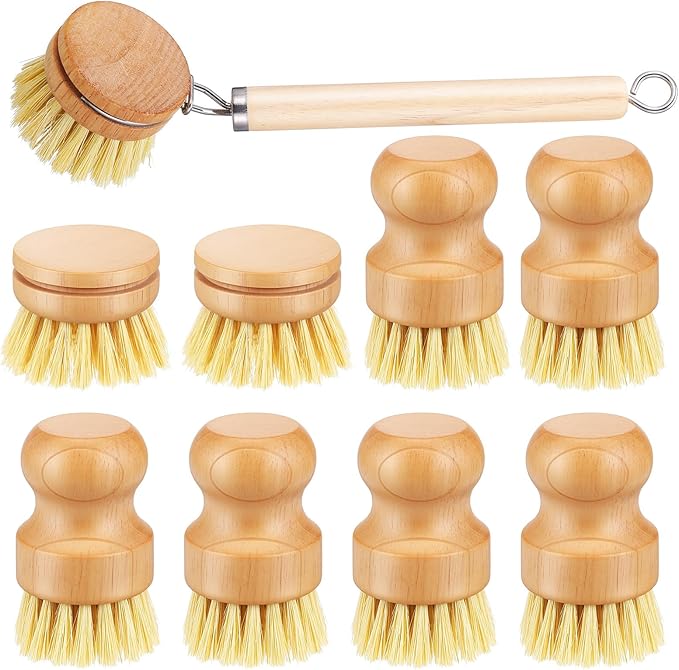 Bamboo Dish Brush Set, 9 Pack Kitchen Natural Wooden Cleaning Scrubbers Set Washing Dish Brush Scrubber with Natural Sisal Bristles for Household Cleaning Vegetables