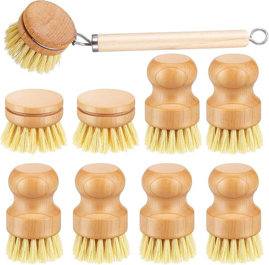 Bamboo Dish Brush Set, 9 Pack Kitchen Natural Wooden Cleaning Scrubbers Set Washing Dish Brush Scrubber with Natural Sisal Bristles for Household Cleaning Vegetables