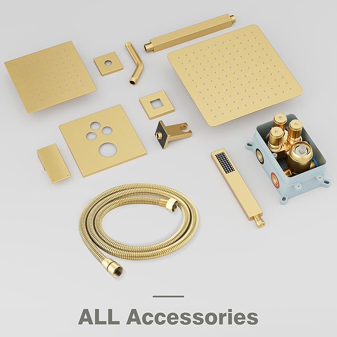Gold Shower System, Shower Faucet Set with 3 In 1 Push Button Valve, Shower Faucet included 10" Ceiling Shower Head and 8" Wall-Mount Shower Head with Handheld Spray, Brushed Gold
