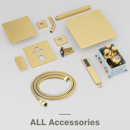 Gold Shower System, Shower Faucet Set with 3 In 1 Push Button Valve, Shower Faucet included 10" Ceiling Shower Head and 8" Wall-Mount Shower Head with Handheld Spray, Brushed Gold
