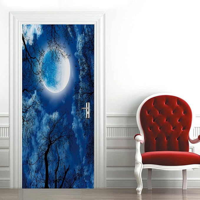 A.Monamour 3D Door Stickers for Interior Doors Silhouette of Dry Tree Against Night Blue Sky and Bright Full Moon Vinyl Waterproof Self Adhesive Door Mural Decals for Bedroom Office Bathroom 77x200cm