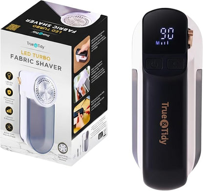 True & Tidy LED Turbo Fabric Shaver | Cordless Lint Remover with Digital Display & 3 Speeds – Perfect for Clothes, Couch & Furniture Defuzzing (White, Turbo)