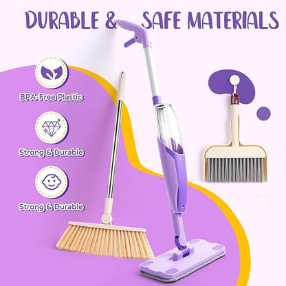 Kids Cleaning Toy Set,Purple Mini Spray Mop Montessori Toys Pretend Play Cleaning Tool for Toddlers with Spray Mop & Kids Broom Dustpan Set Cleaning Toys Gift for Toddlers Girls Boys Age 3+