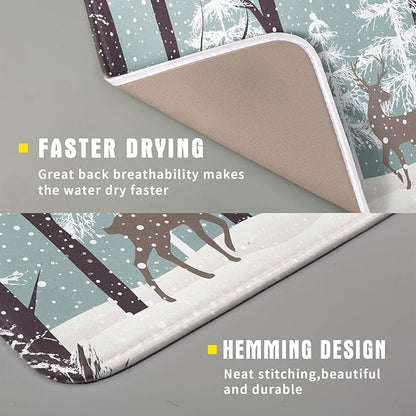 Winter Wildlife Deer Dish Drying Mat for Kitchen Counter,Xmas Landscape Snow Tree Ivory Drying Mat 16 x 18 Inch with High Absorbent Microfiber Drainer Mat for Coffee Bar