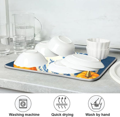 Pumpkin Porcelain Blue White Dish Drying Mat for Kitchen Countertop 16x18 Fall Maple Leaves Thanksgiving Day Small Drying Mat Reusable Quick Dry Dish Sink Mats Easy Clean Decorative Essentials