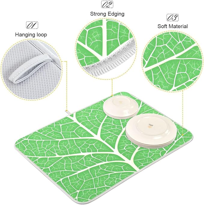 Green Leaf Veins Dish Drying Mat for Kitchen Counter Absorbent Microfiber Drying Pad, Medium 16x18 in