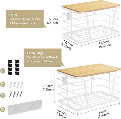Extra Large 2 Pack Potato and Onion Storage Bins, Potato and Onion Storage Baskets with Bamboo Top, Trash Bag Dispenser, Storage Stackable for Kitchen Laundry Organizers, White