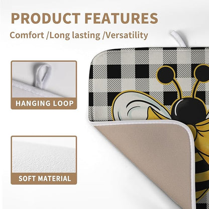 Summer Bumble Bee Drying Mat for Kitchen Counter 16×18 Inch Black White Buffalo Check Honey Bee Print Dish Drying Mats Kitchen Accessories Dish Rack Mat