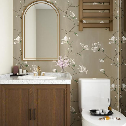 Laatse Floral Wallpaper Peel and Stick 17.5" x 118" Khaki Floral Contact Paper Vintage Self Adhesive Wallpaper Vinyl Waterproof Wall Paper for Bedroom Walls Cabinet Countertop Decor