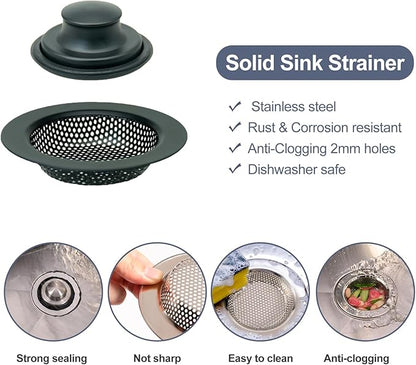 RQYEKDO Kitchen Sink Strainers Sink Stopper Kits, Stainless Steel Sink Drain Strainer Set, Large Wide Rim 4.5" Diameter Food Catcher Garbage Disposal Plug for Most Sink Drains Basket Filter(Black)