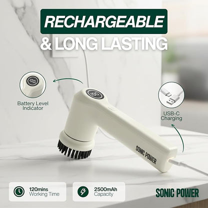 Electric Spin Scrubber – Handheld & Ergonomic, IPX7 Waterproof, 4 Multi-Purpose Brush Heads, Long-Lasting Rechargeable Battery – Cleans Dishes, Bathroom, Tile, Grout & Kitchen (Beige)