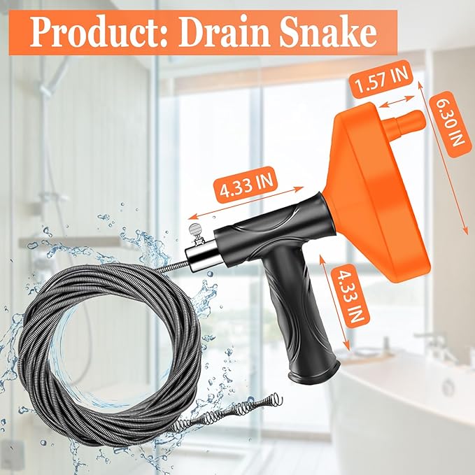 33 Feet Drain Snake Auger, Plumbing Snake Drain Hair Clog Removal Tool, Sink Unclogger Drain, Heavy Duty Toilet Snake Auger, Cleaner Tool for Bathroom Kitchen Tub Shower Drain Clog Remover with Gloves