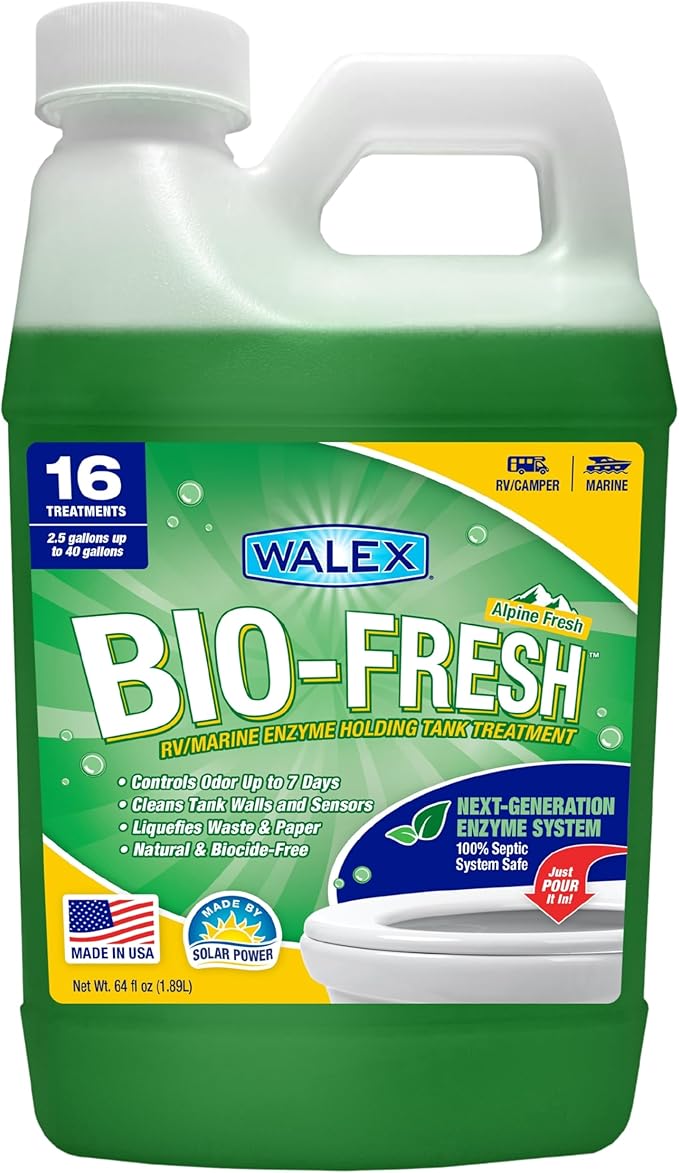 Walex Bio-Fresh Liquid Enzyme Holding Tank Treatment for RV, Camper & Marine - Black Water Tank Deodorizer, Liquifies Waste & Toilet Paper, Septic Tank Safe, Biocide-Free, Alpine Fresh, 64oz
