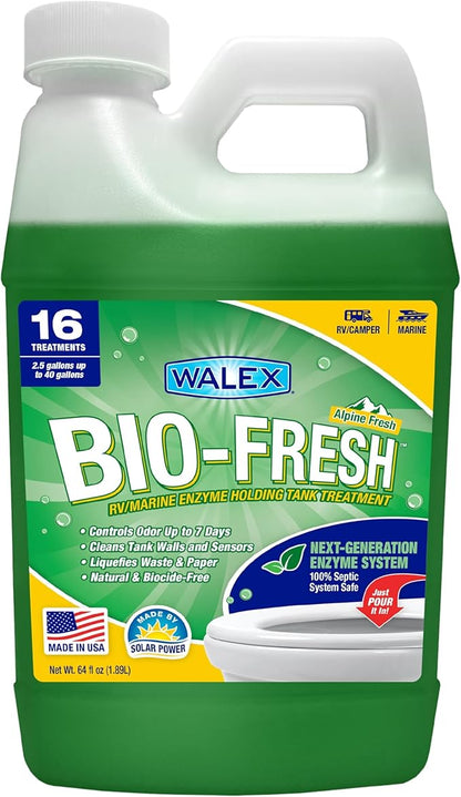 Walex Bio-Fresh Liquid Enzyme Holding Tank Treatment for RV, Camper & Marine - Black Water Tank Deodorizer, Liquifies Waste & Toilet Paper, Septic Tank Safe, Biocide-Free, Alpine Fresh, 64oz