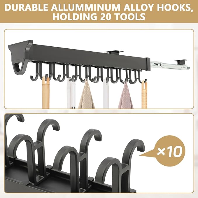 Pull-Out Mop and Broom Holder Slide Broom Closet Organizer Sliding Garage Storage Rack with 20 Adjustable Hooks, 22 in Wall Mount Sliding Organizer Rack for Closet, Kitchen, Laundry